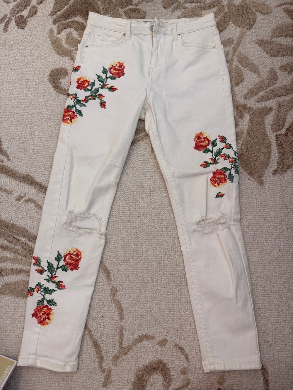 Topshop Jamie Embroidered White Women’s Slim Jeans with Red Rose Detail